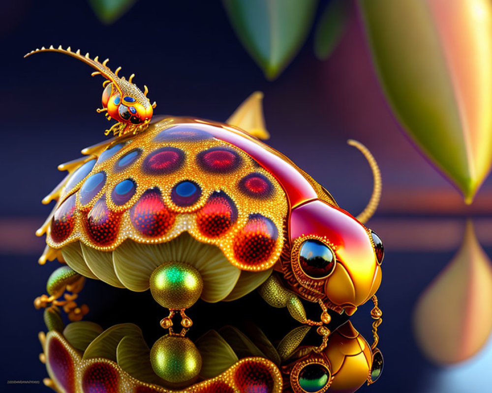 Colorful digital artwork: Metallic beetle with intricate patterns and smaller figure on its back