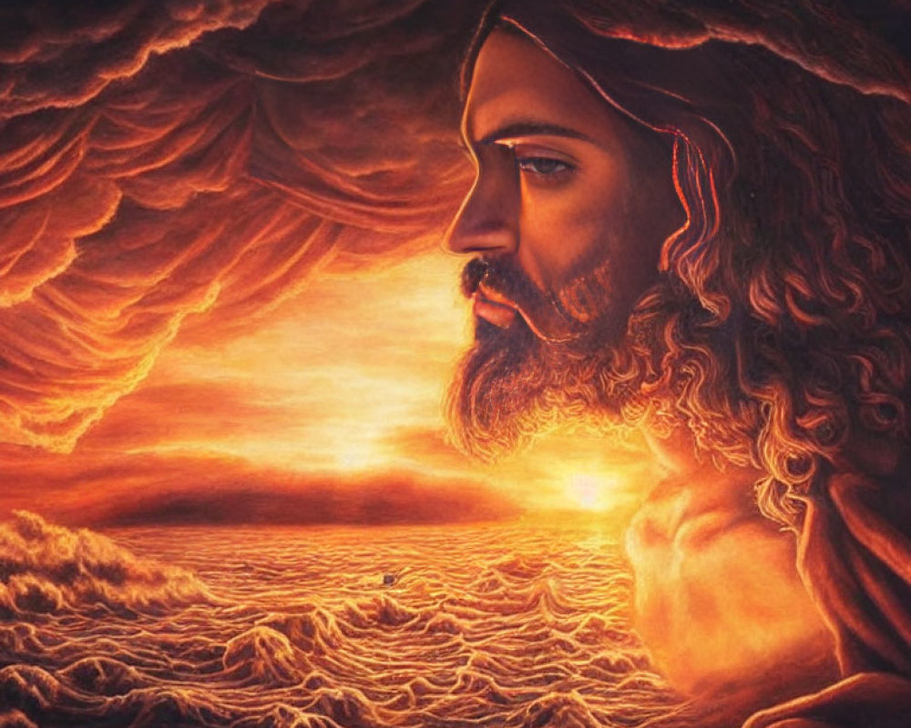 Bearded man gazing at sunset over clouds with warm orange and red tones