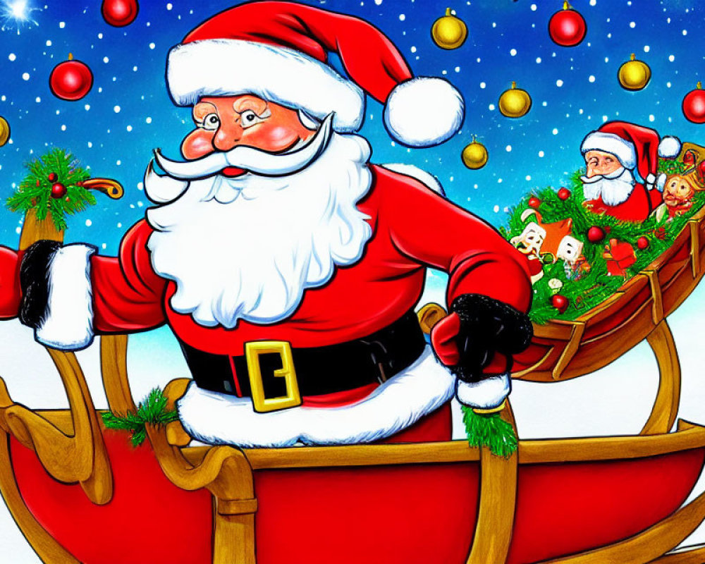 Festive Santa Claus illustration with gifts on sleigh under starry sky