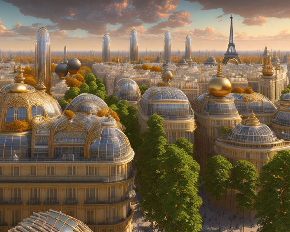 Golden-domed futuristic Paris with multiple Eiffel Towers and lush greenery under clear sky.