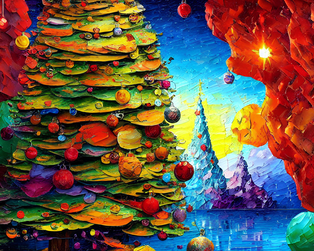 Colorful Christmas Tree Painting on Blue Icy Landscape