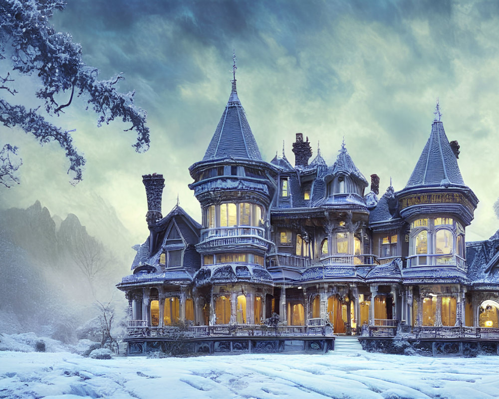 Victorian Mansion in Snowy Landscape at Twilight