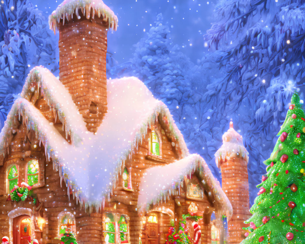 Snow-covered cottage with Christmas trees in snowy landscape