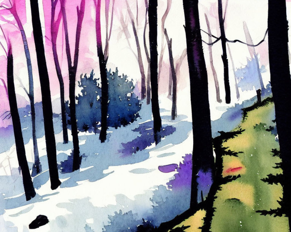 Vibrant Watercolor Painting of Forest with Pink Tree Canopy