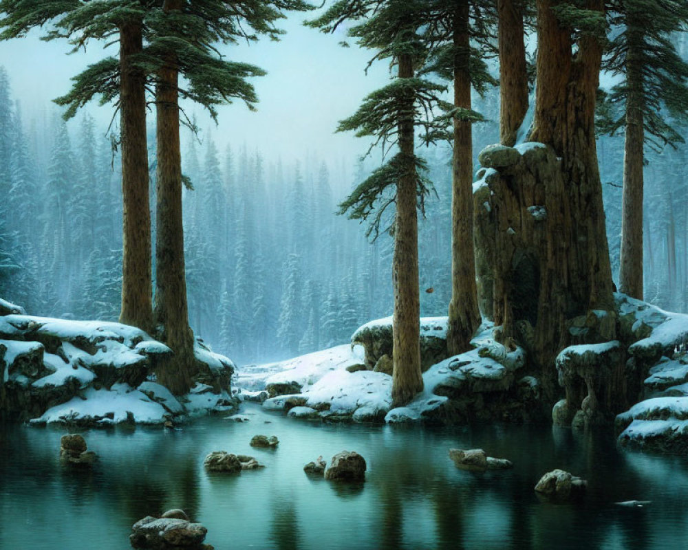 Snow-covered trees and icy river in serene winter landscape