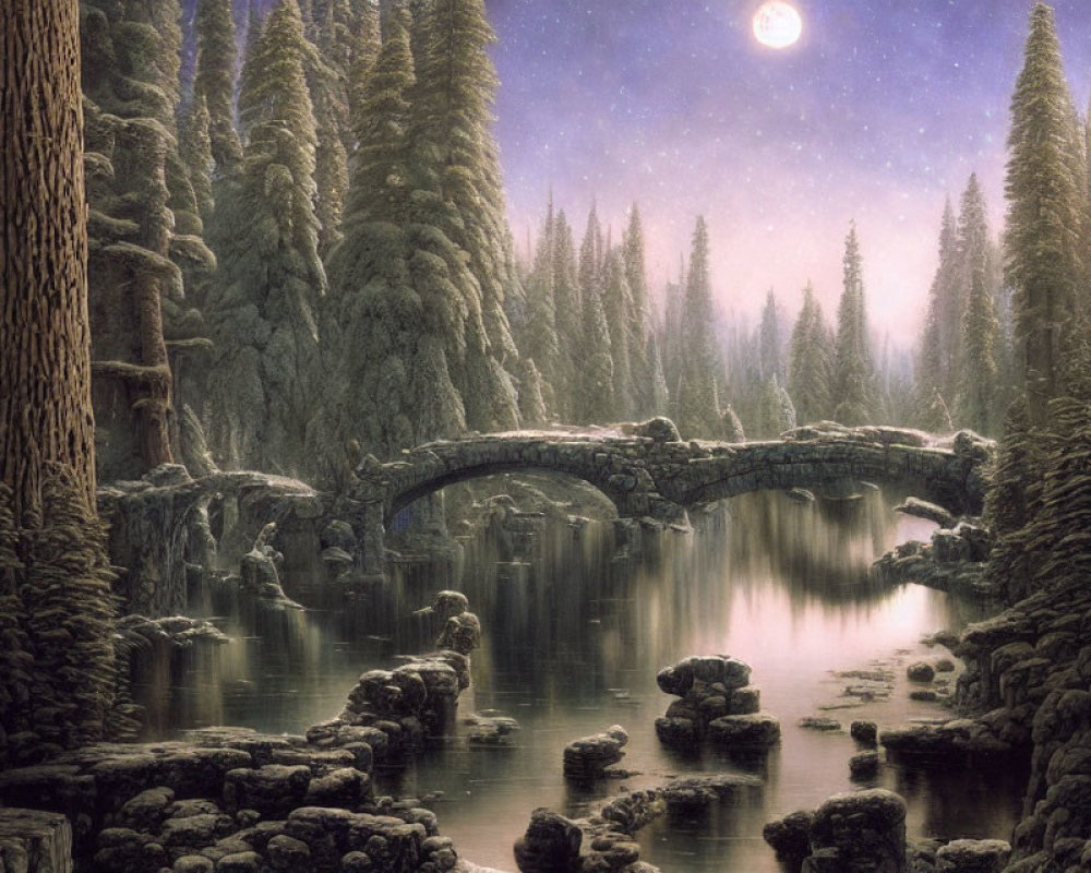 Mystical forest scene with snow-covered trees and stone bridge