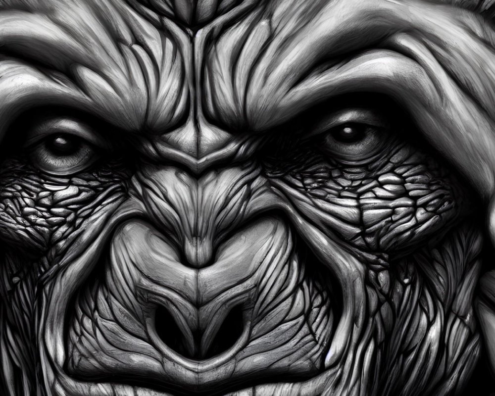 Monochrome close-up of intense gorilla face with textured features