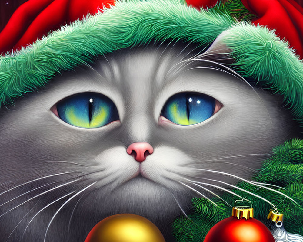 Grey Cat with Blue Eyes in Santa Hat Among Christmas Decorations