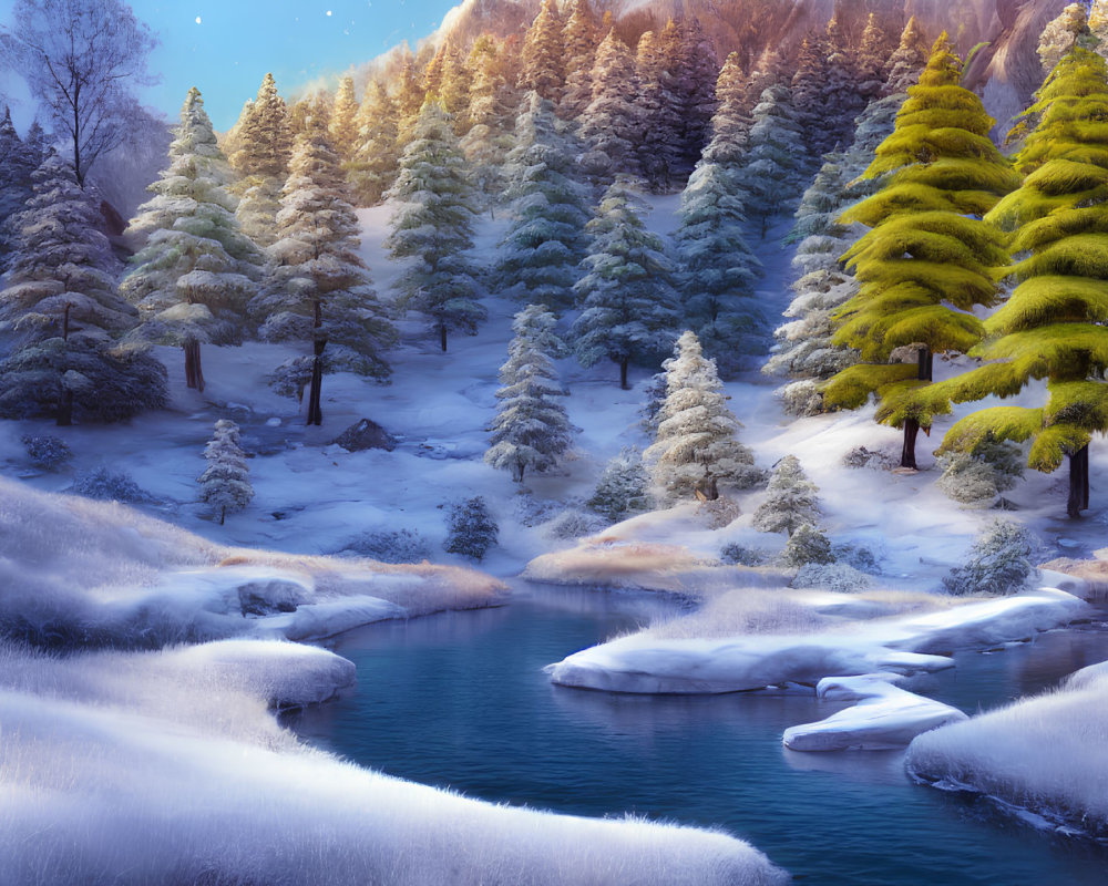 Snow-covered trees, river, and mountain in serene winter landscape