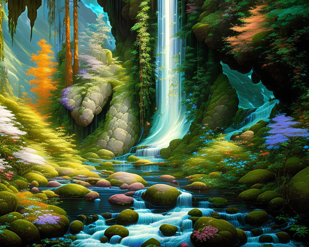 Enchanting woodland scene with waterfall, vibrant flora, moss-covered stones, serene pond