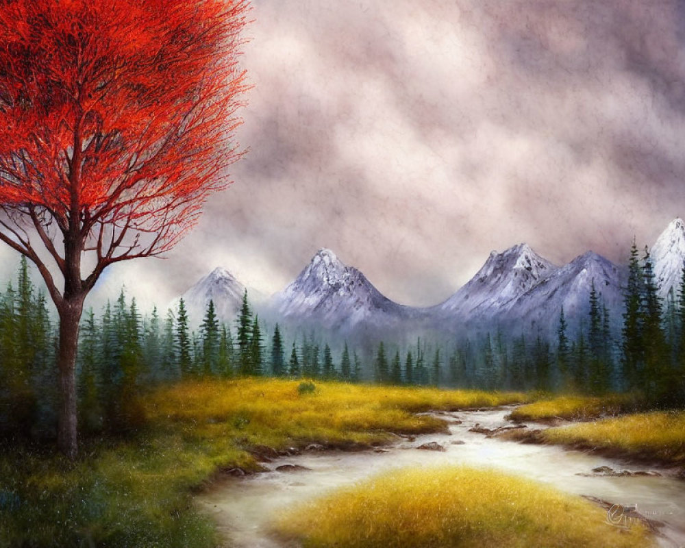 Vivid landscape with red tree, stream, and snow-capped mountains