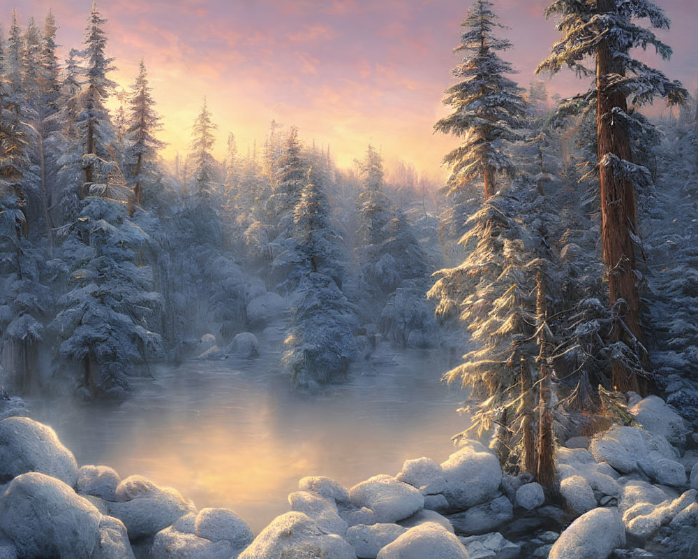 Snow-covered trees and river in serene winter landscape