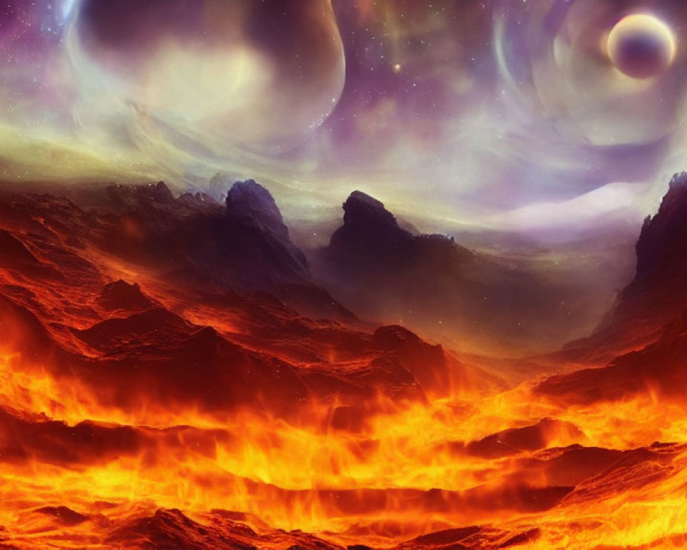 Surreal volcanic landscape with lone figure and swirling planets