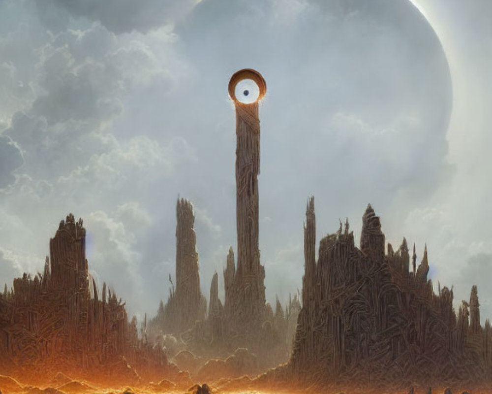 Fantastical landscape with towering eye structure and crescent moon