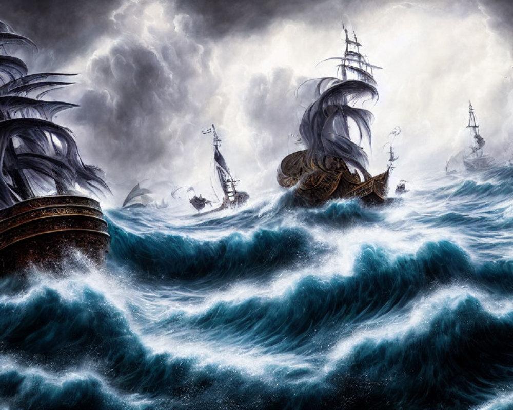 Sailing ships battling heavy seas and fierce winds in nautical chaos