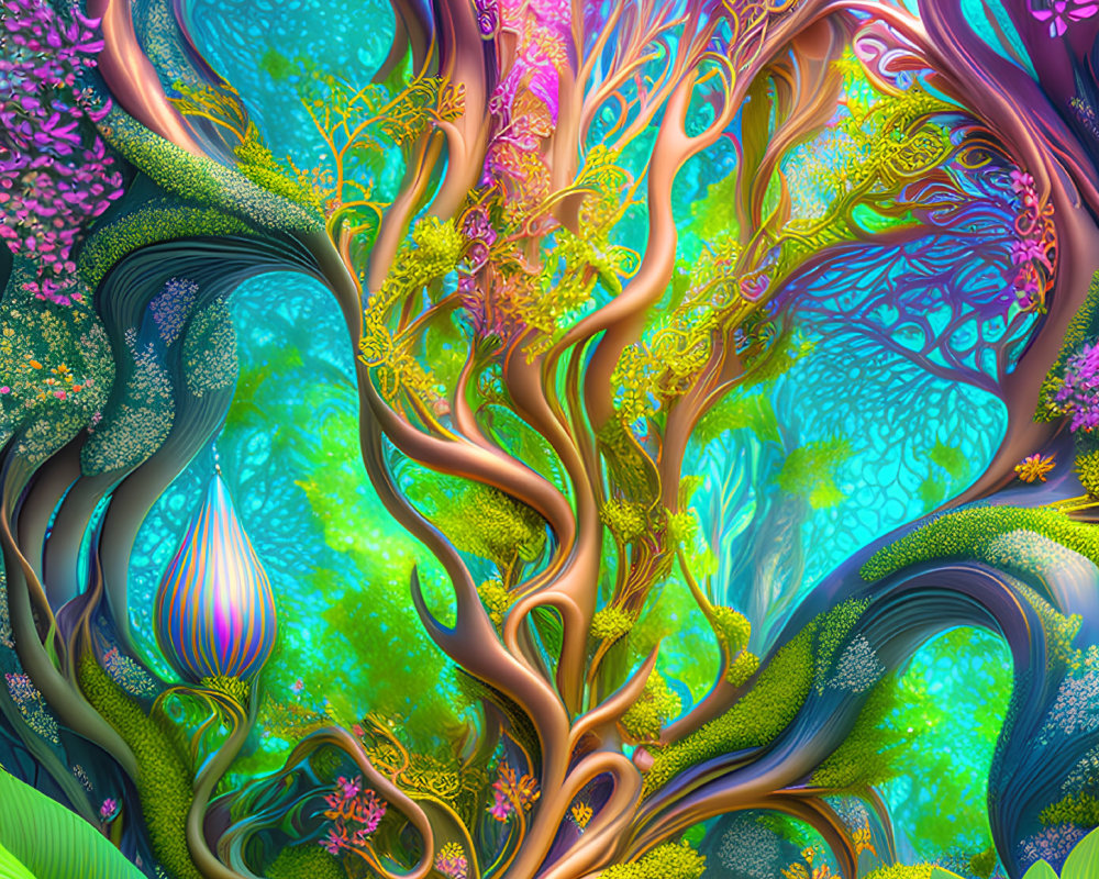 Colorful surreal forest artwork with intricate trees and lush foliage