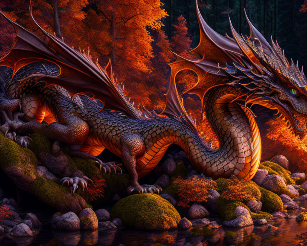 Majestic dragon with orange and golden scales in fiery autumn forest