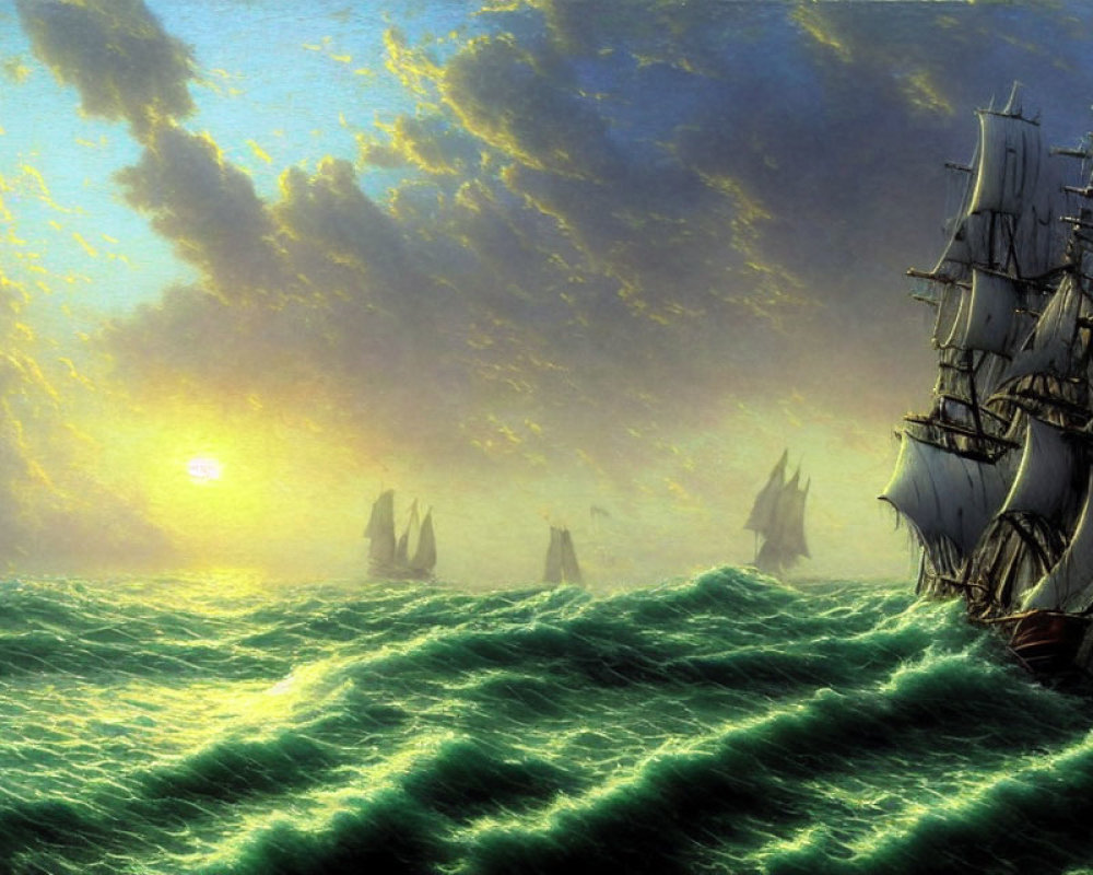 Tall Ship Sailing in Turbulent Sea at Sunset