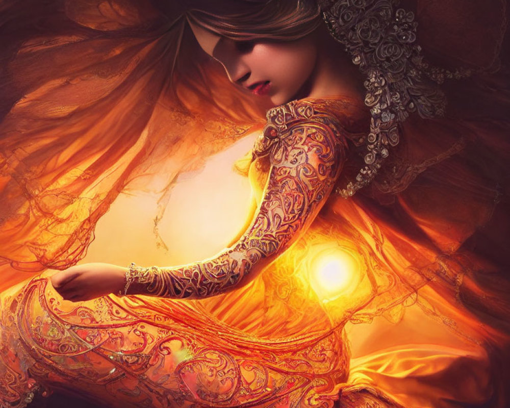 Illustrated woman in ornate orange dress with flowing hair on warm soft background