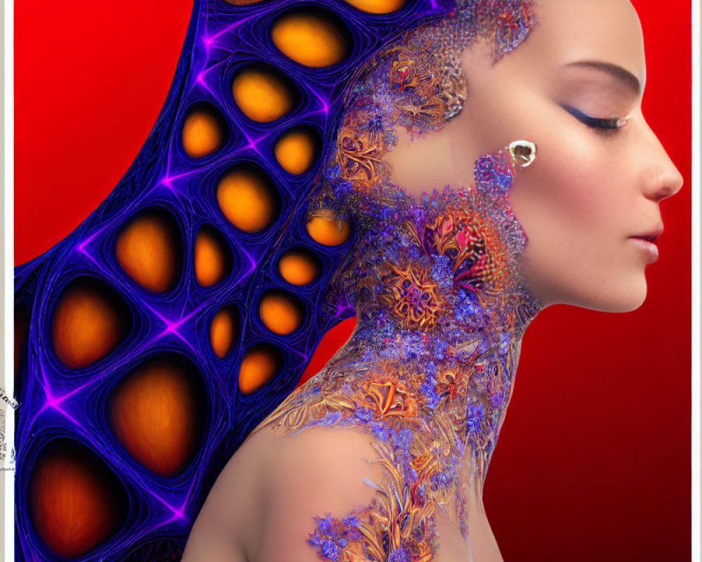 Woman with Intricate Lace Body Paint on Abstract Blue and Orange Background