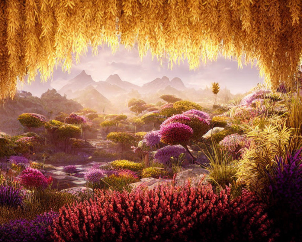 Vibrant fantasy landscape with flowering plants, serene stream, golden foliage, distant mountains, warm sky