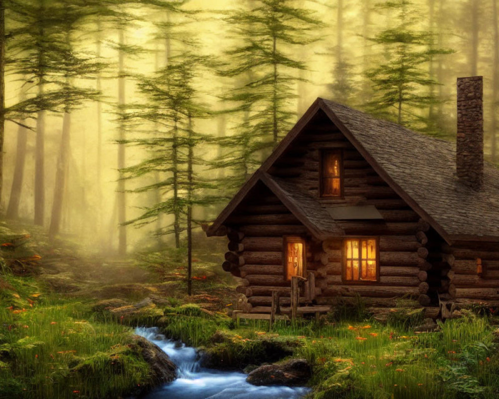 Rustic log cabin in misty forest near flowing stream