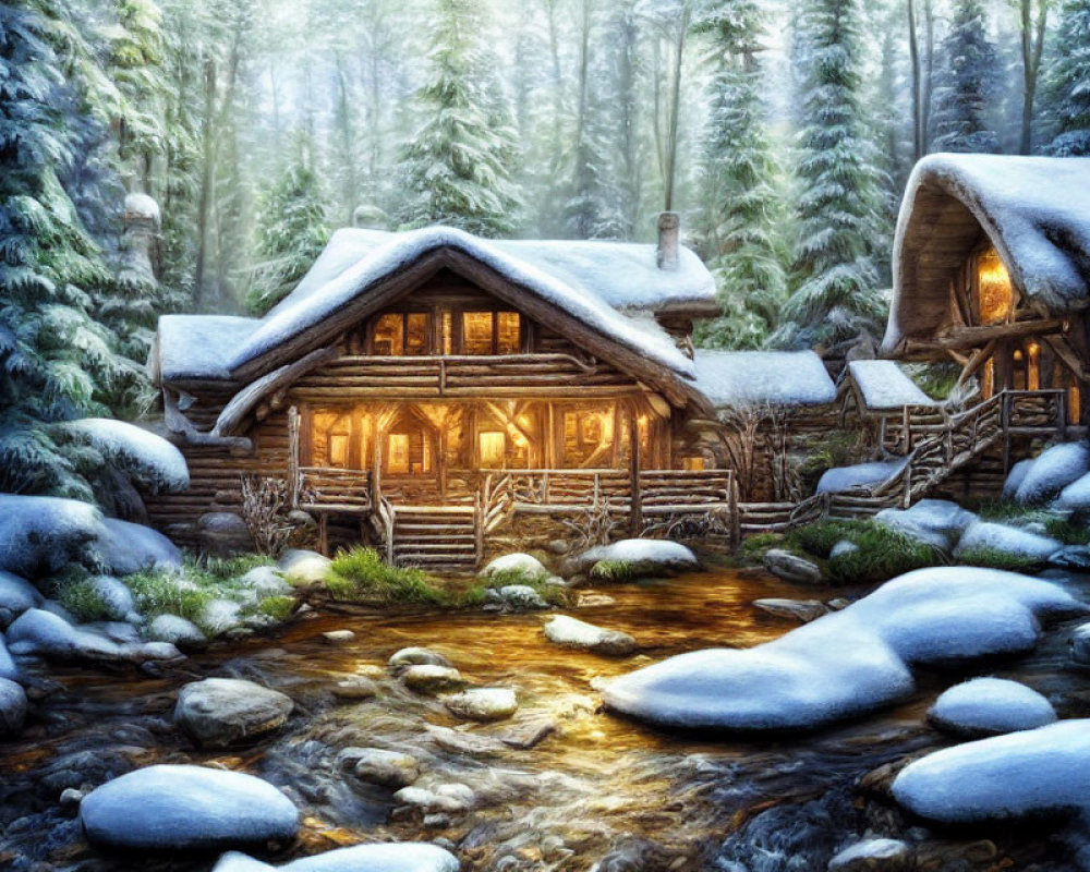 Snowy forest cabin with lit windows near stream & snow-covered rocks