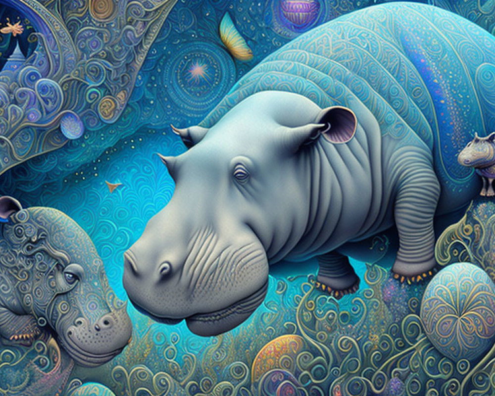 Whimsical digital artwork of stylized hippos in cosmic setting