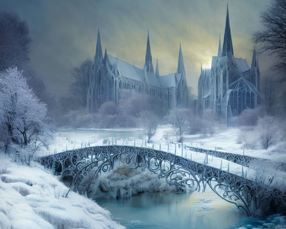 Snowy Gothic cathedral scene with frozen river and wrought-iron bridge