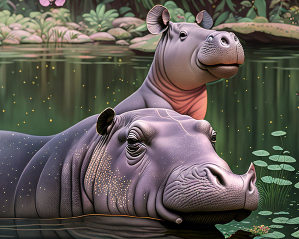 Two Animated Hippos Submerged in Water Among Green Foliage