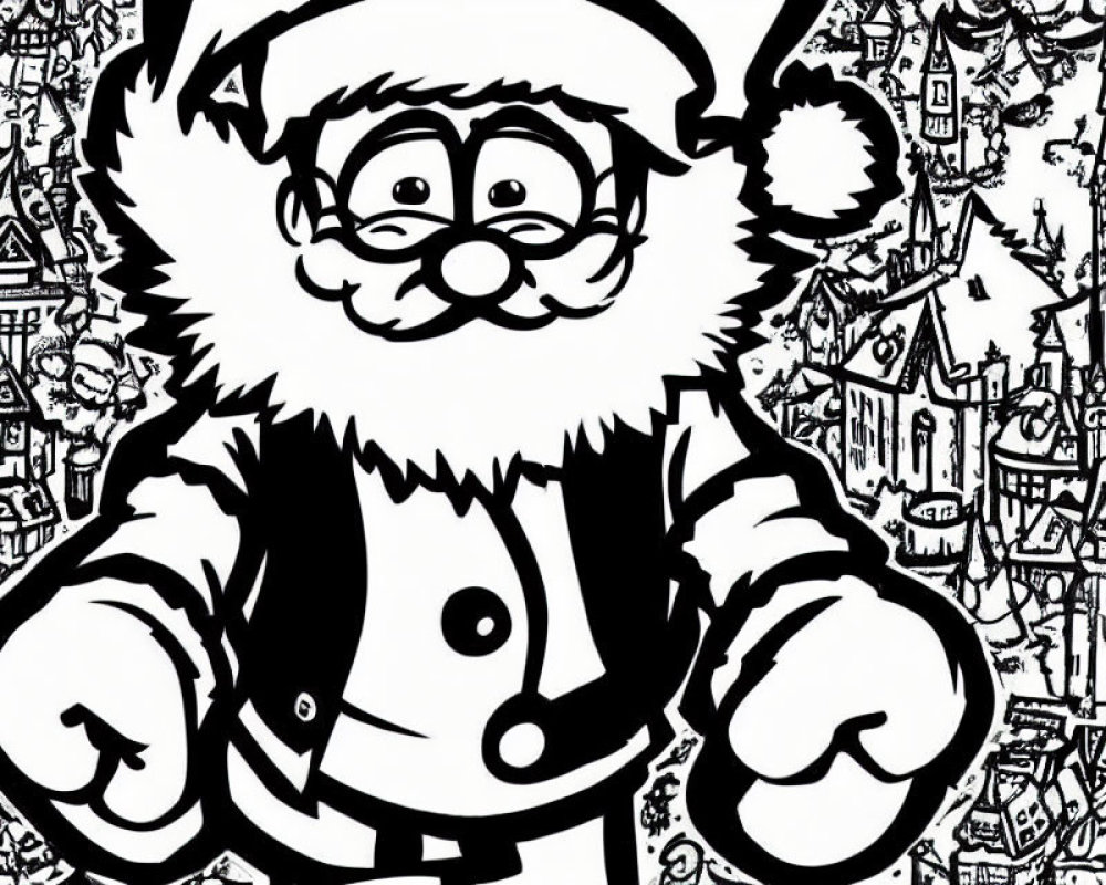 Detailed Black and White Santa Claus Illustration with Festive Background