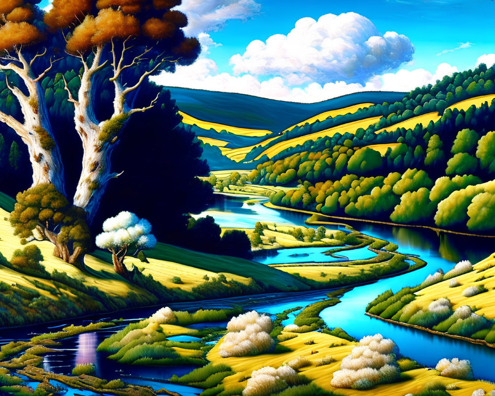 Colorful landscape with winding river, rolling hills, green trees, and blue skies