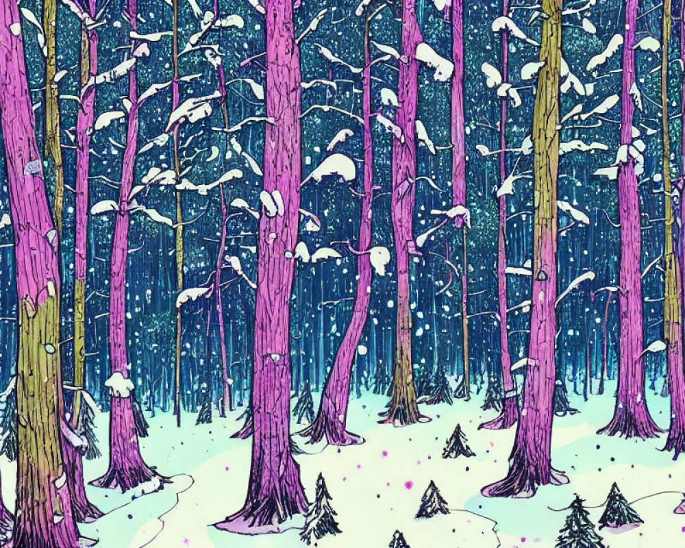 Illustration of dense forest with purple and brown trees in snowfall