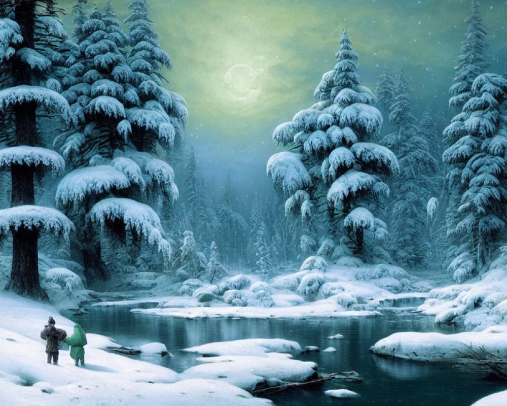 Snowy Pine Trees Along Riverbank with Night Sky and Person Standing