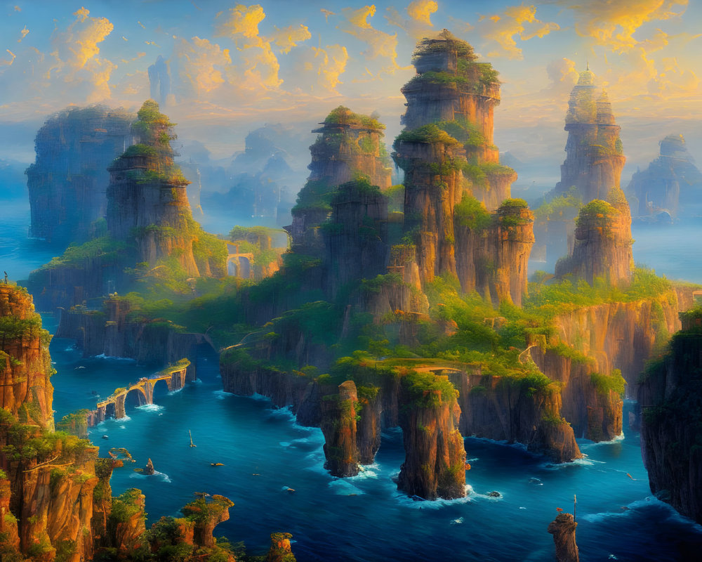 Majestic fantasy landscape: towering rock pillars, tranquil sea, golden sunset