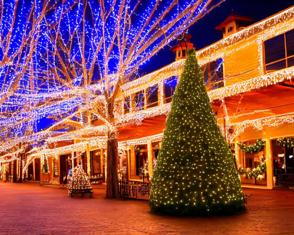 Festive Street with Blue and White Christmas Lights