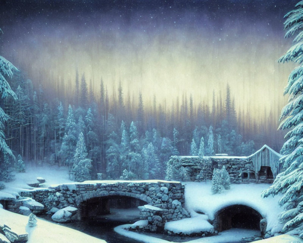 Snowy Twilight Scene: Evergreens, Stone Bridge, Cozy Cottage