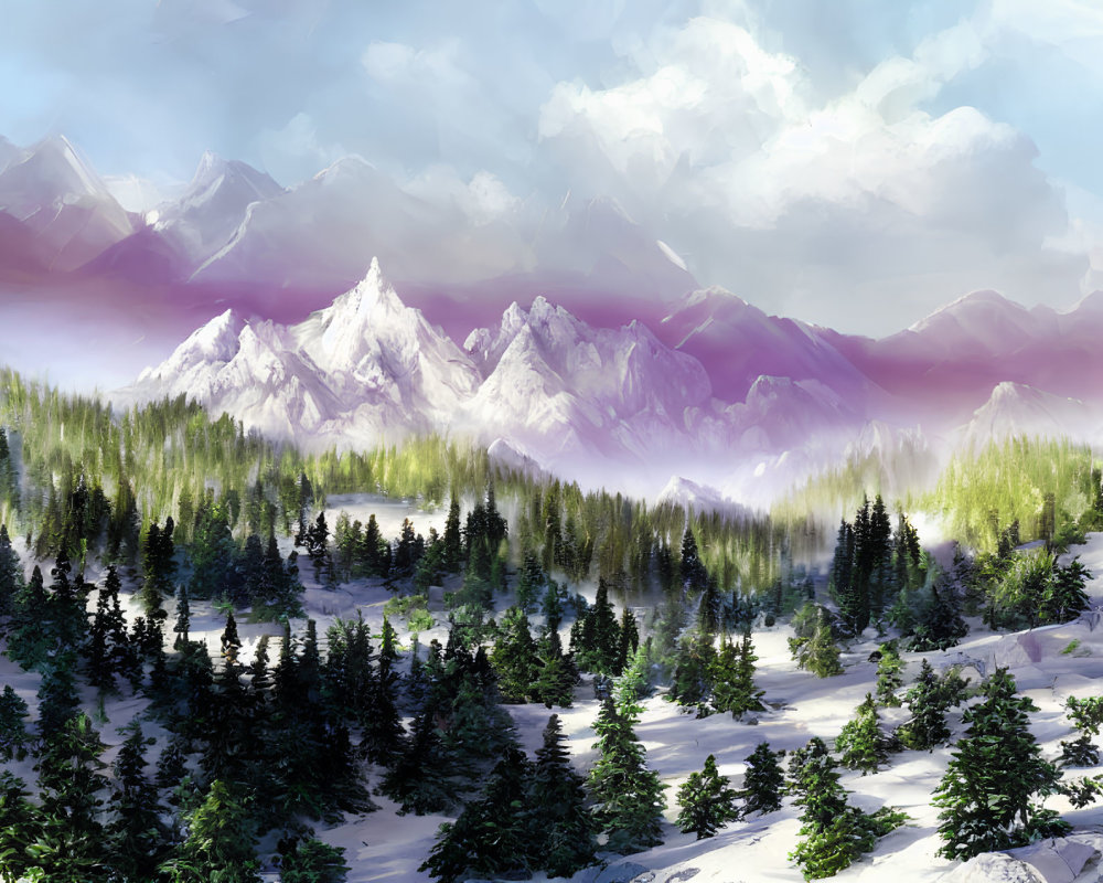 Majestic snowy mountain peaks and dense evergreen forest landscape blend seamlessly.