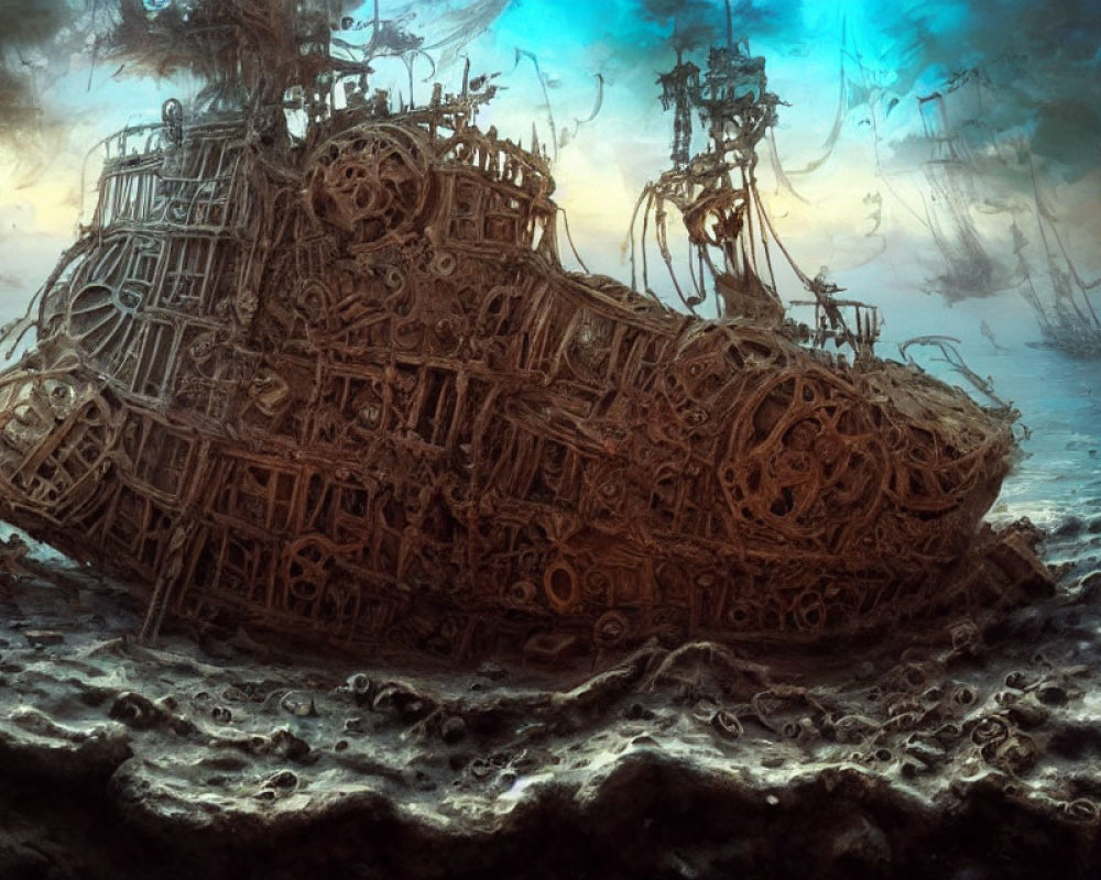 Fantastical beached ship with exposed machinery on dark sands