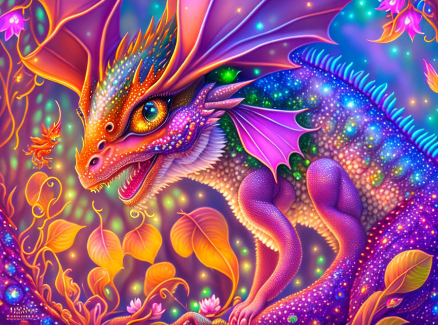 Colorful dragon illustration in magical flora setting