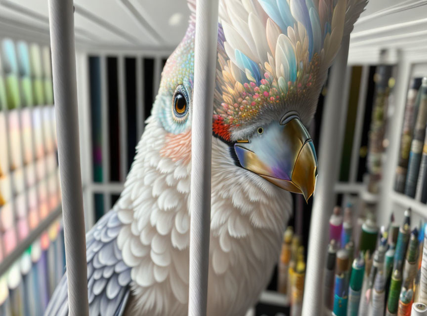 Colorful Parrot Peering Through White Cage Bars in Front of Books and Bottles