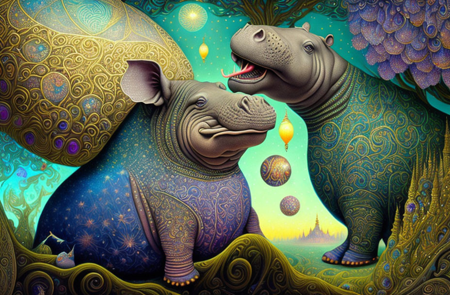 Colorful ornate hippos in whimsical patterns on dreamy landscape with glowing orbs