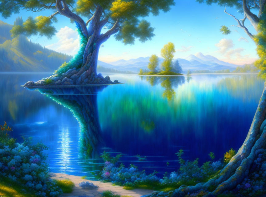 Vibrant blue lake reflecting trees in surreal landscape