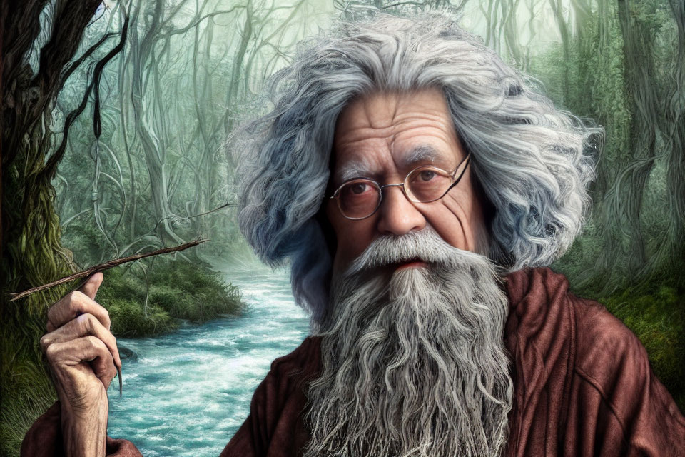 Elderly man with white beard in mystical forest with river