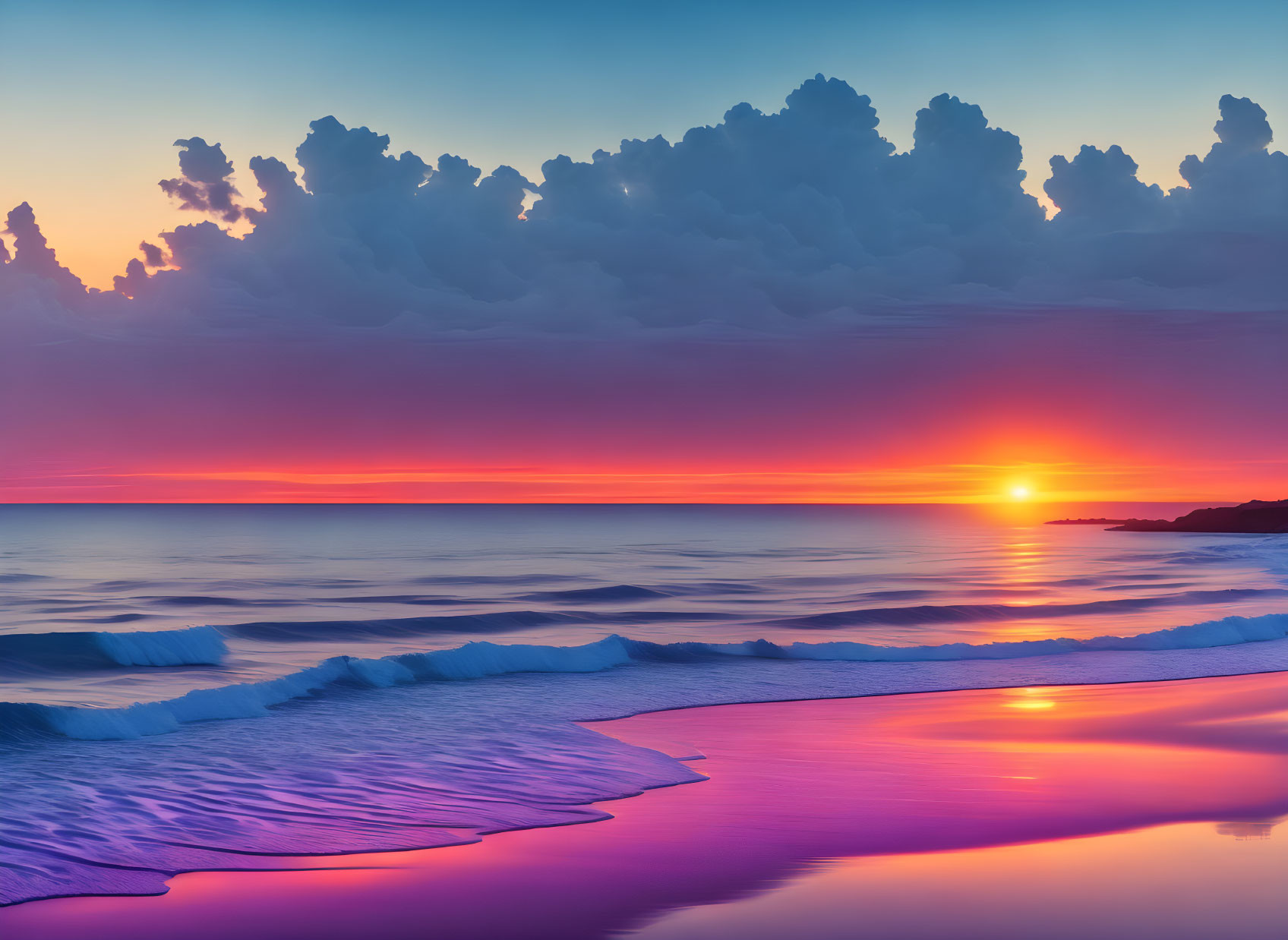 Vibrant beach sunset with purple and orange hues reflecting on water