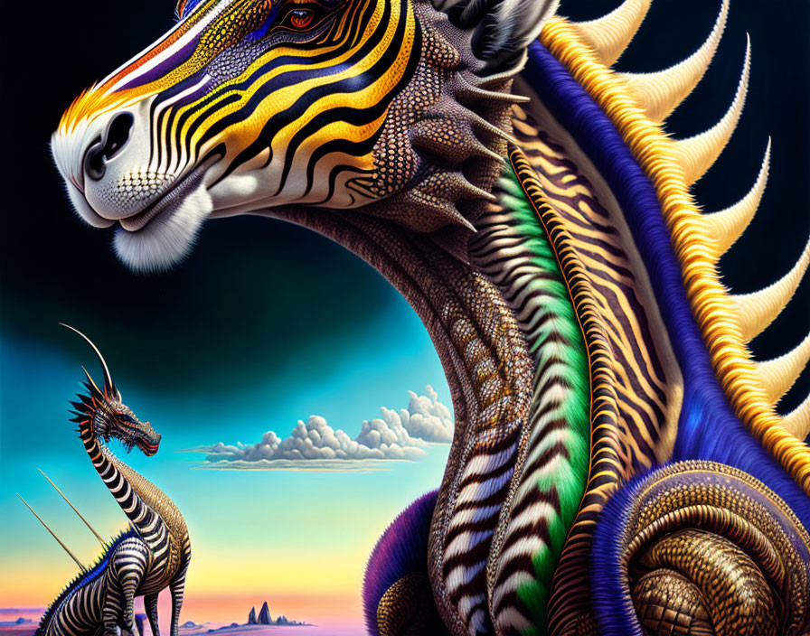 Surrealist painting: Zebra-like creature with curved horns in dusk sky