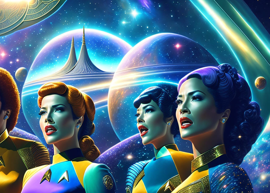 Futuristic women with stylized hairdos in cosmic setting