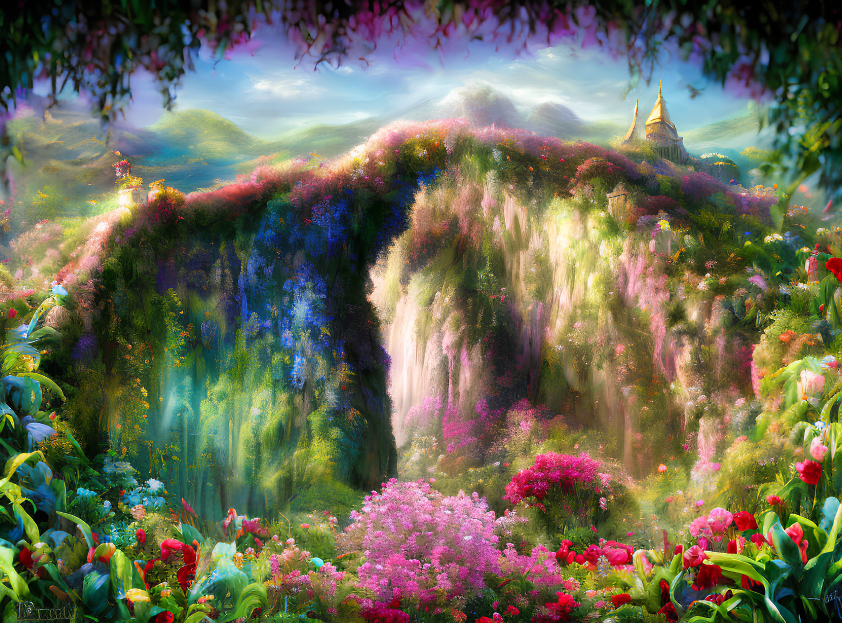 Enchanting landscape with waterfalls, castle, lush flora, and magical aura