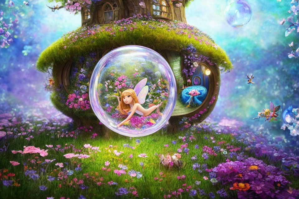 Translucent-winged fairy in bubble by treehouse in vibrant meadow