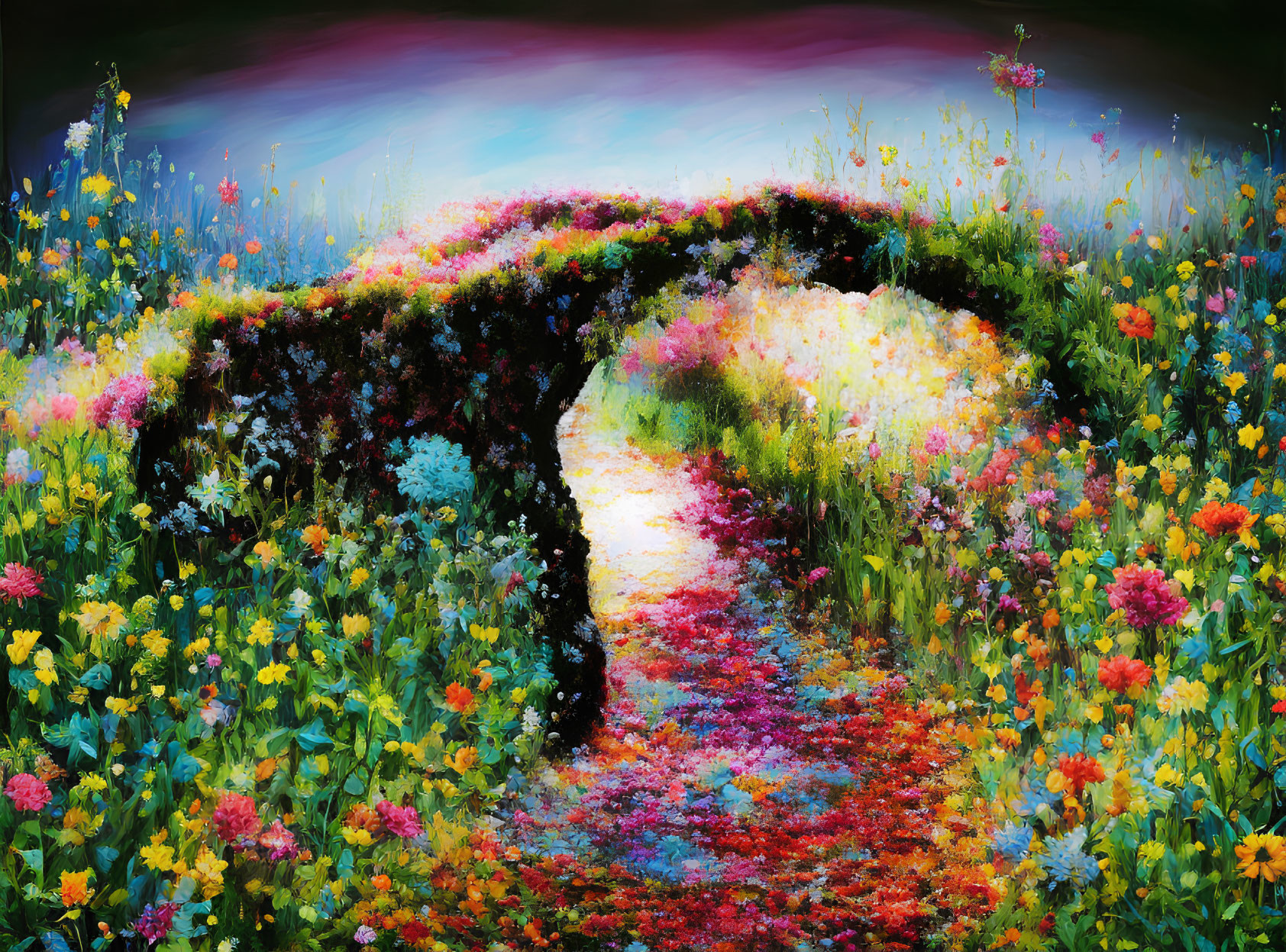 Colorful Garden Path Painting with Lush Flowers and Floral Archway